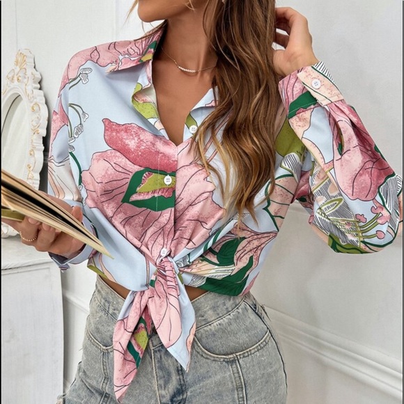 Boho Floral Print Button Down Shirt Top Blouse - Picture 8 of 14